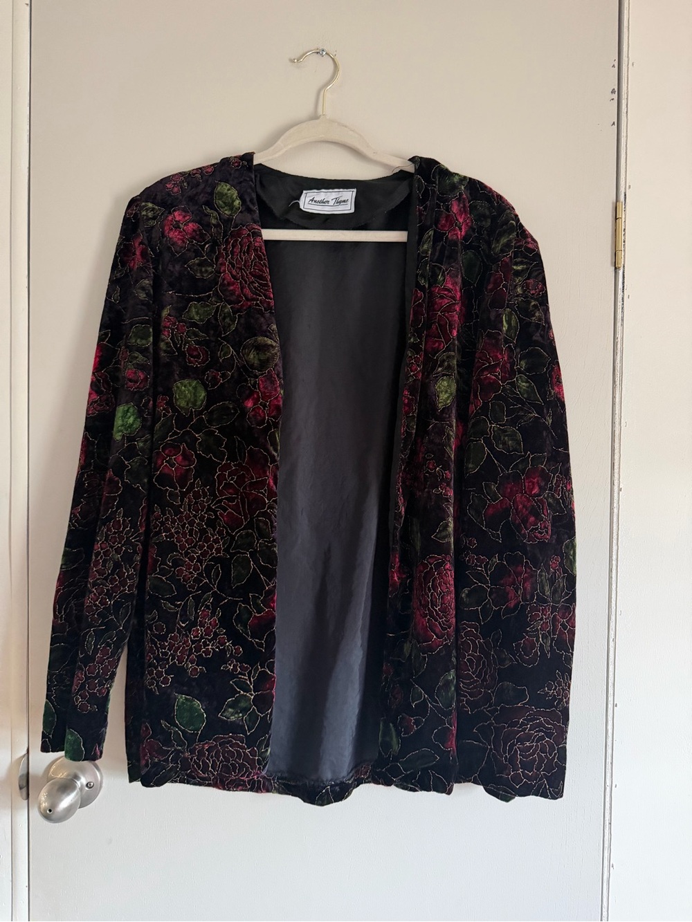 Vintage whimsy goth Black Velvet Floral Open Blazer